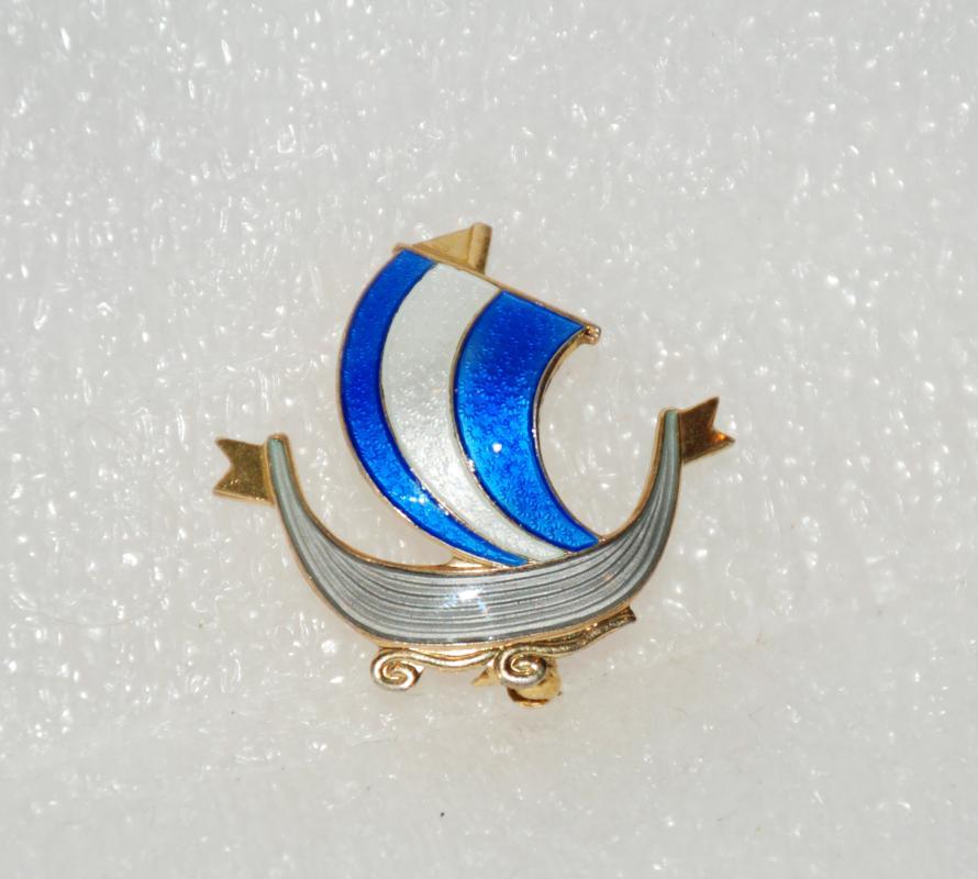 VINTAGE AKSEL HOLMSEN STERLING SILVER ENAMEL VIKING SHIP BROOCH PIN NORWAY