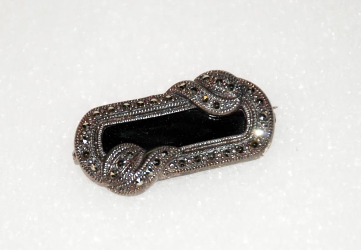 Sterling Silver Marcasite Onyx Brooch Art Deco