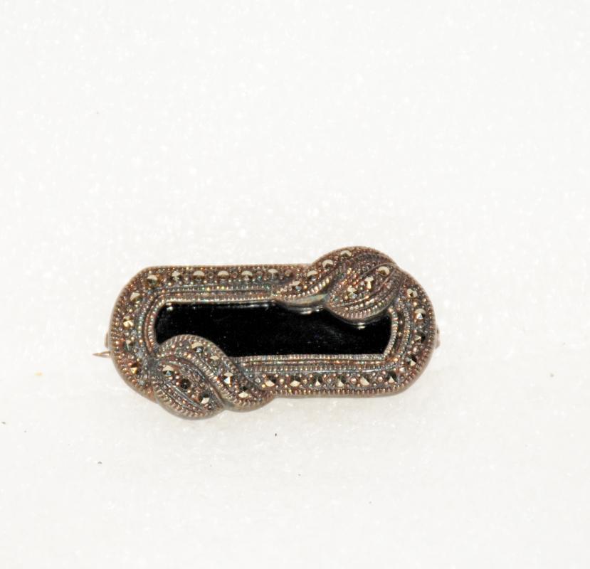Sterling Silver Marcasite Onyx Brooch Art Deco