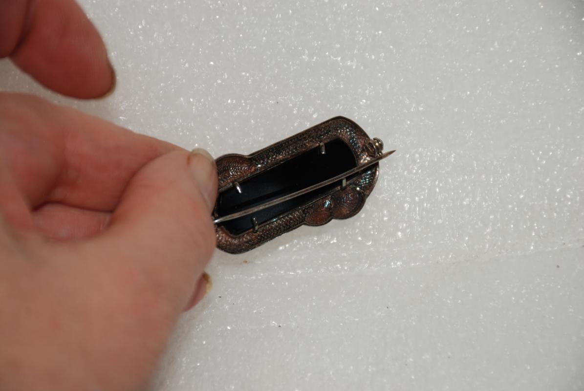 Sterling Silver Marcasite Onyx Brooch Art Deco