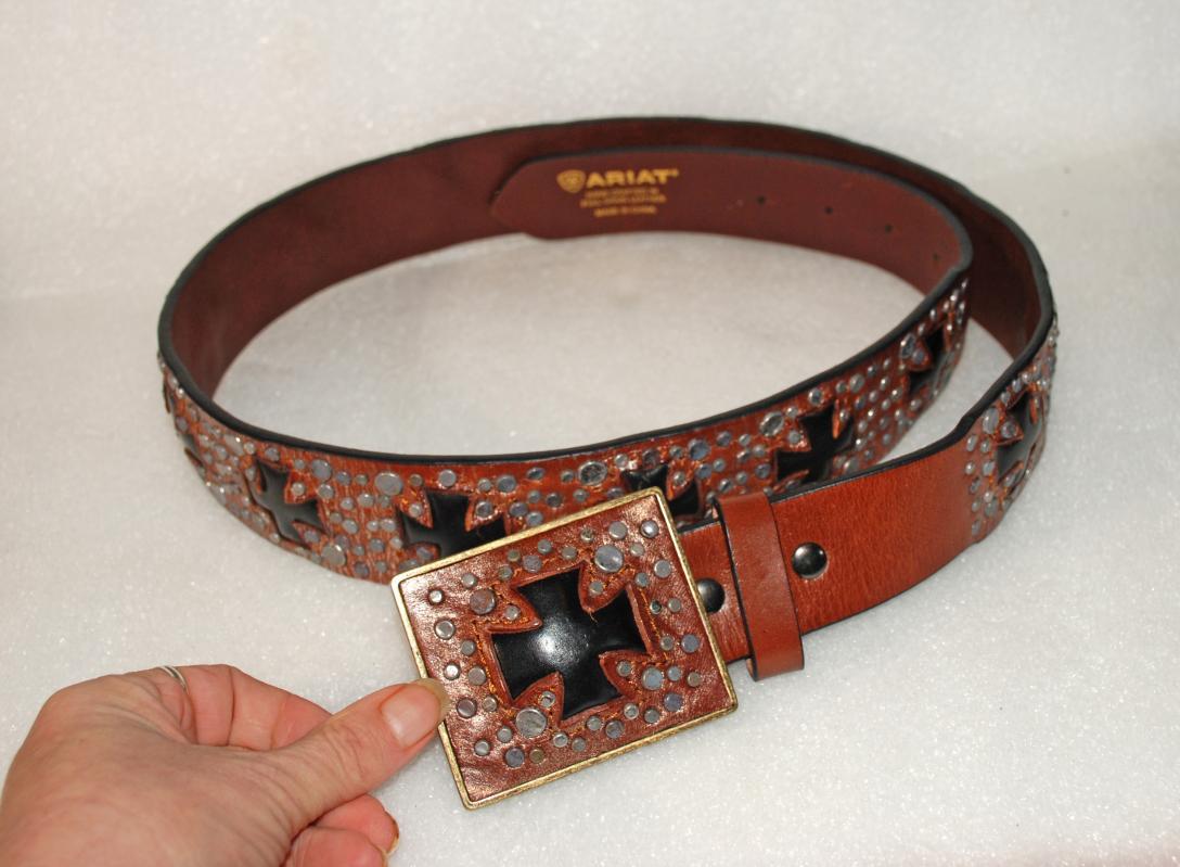 Ariat Studded Leather Belt, Teutonic Crosses with Matching Buckle New, Never Worn 46