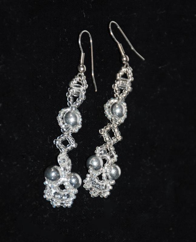 Wedding Day Earrings Silver & Crystal Dangle Earrings with Silver Pearls Beads, Hand Crafted One of a Kind