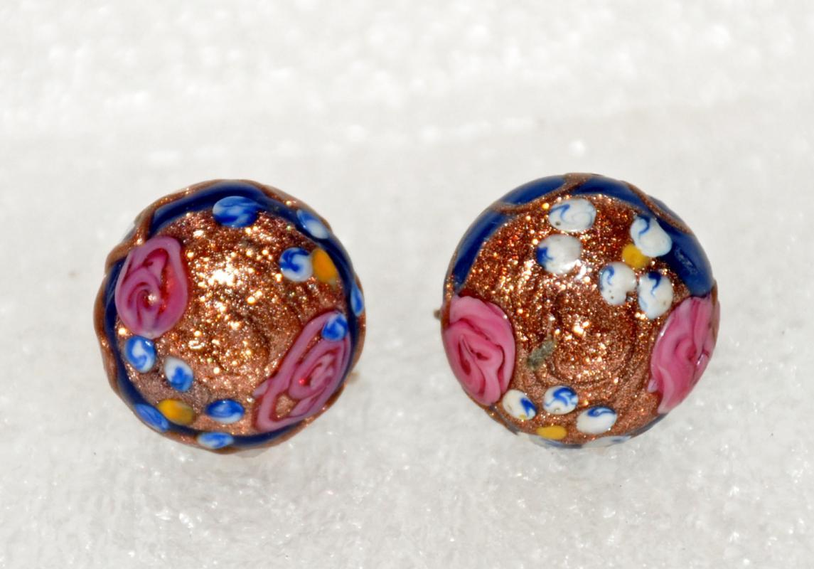 Vintage Aventurine Venetian Glass Wedding Cake Earrings , Dark Blue , Pink, Gold