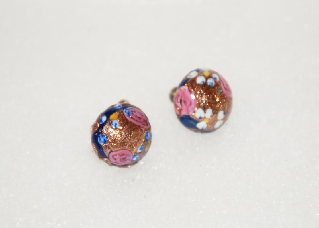 Vintage Aventurine Venetian Glass Wedding Cake Earrings , Dark Blue , Pink, Gold