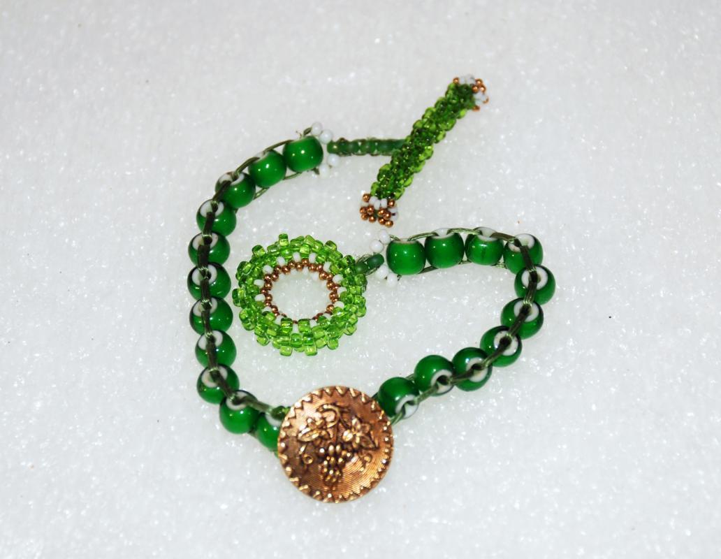 African Trade Bead Green White Heart Woven Beaded Bracelet with Antique Brass Button, Beaded Toggle, Handcrafted Boho Venetian