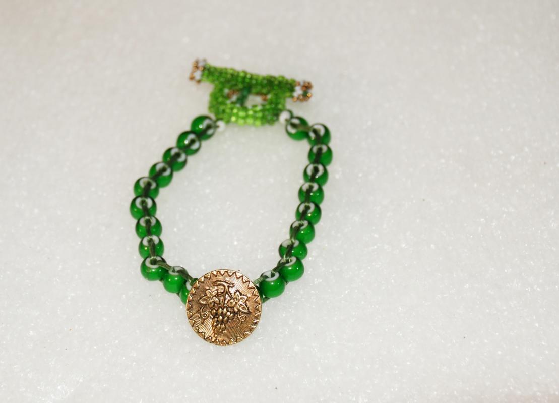 African Trade Bead Green White Heart Woven Beaded Bracelet with Antique Brass Button, Beaded Toggle, Handcrafted Boho Venetian