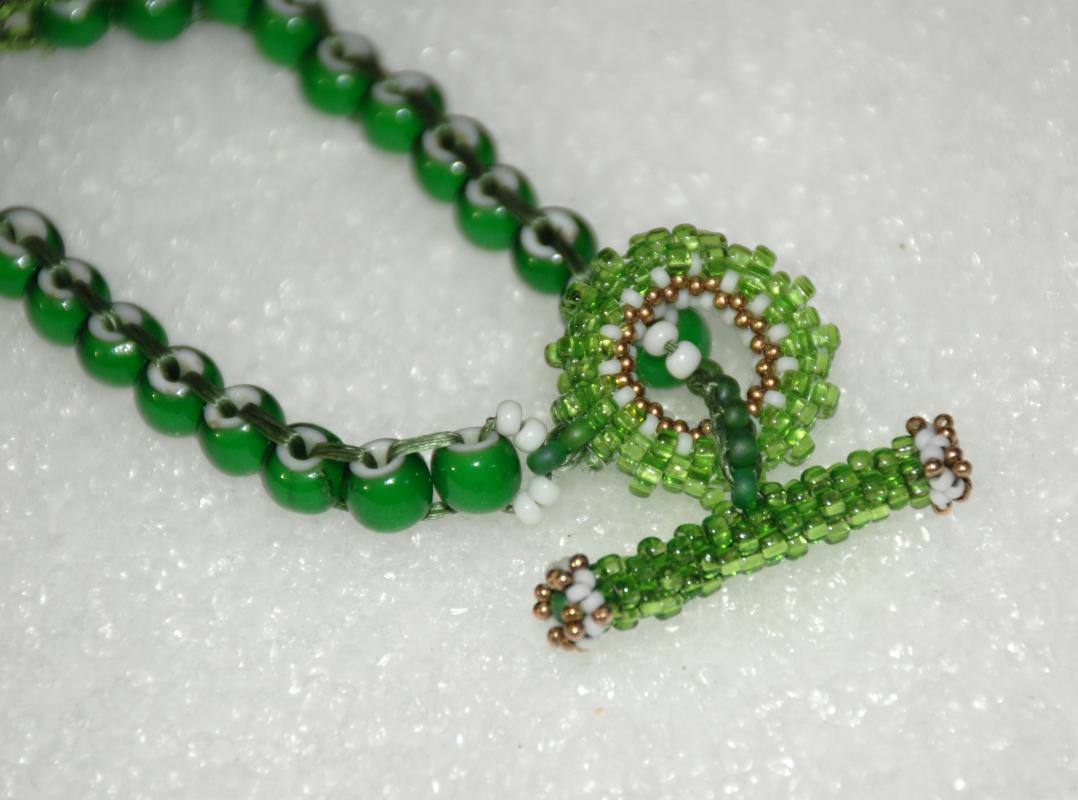 African Trade Bead Green White Heart Woven Beaded Bracelet with Antique Brass Button, Beaded Toggle, Handcrafted Boho Venetian