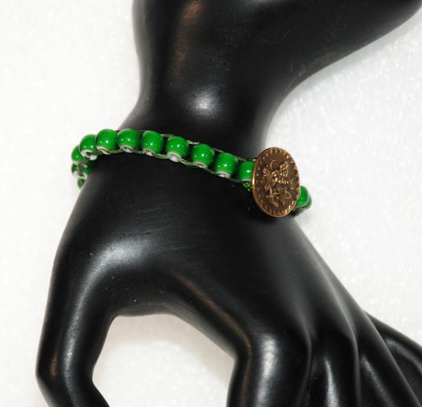 African Trade Bead Green White Heart Woven Beaded Bracelet with Antique Brass Button, Beaded Toggle, Handcrafted Boho Venetian