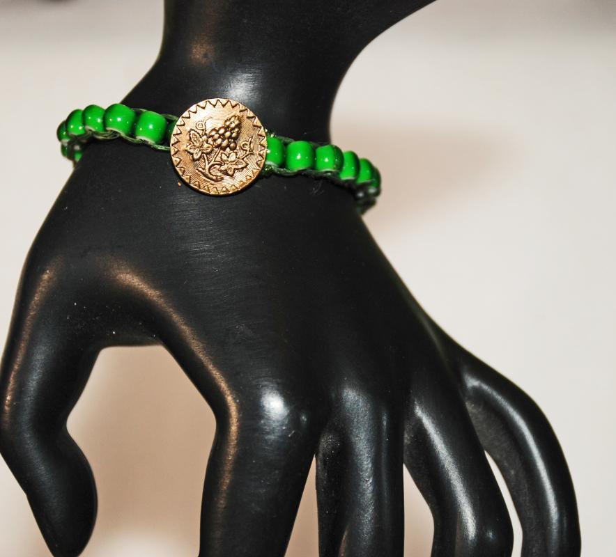 African Trade Bead Green White Heart Woven Beaded Bracelet with Antique Brass Button, Beaded Toggle, Handcrafted Boho Venetian