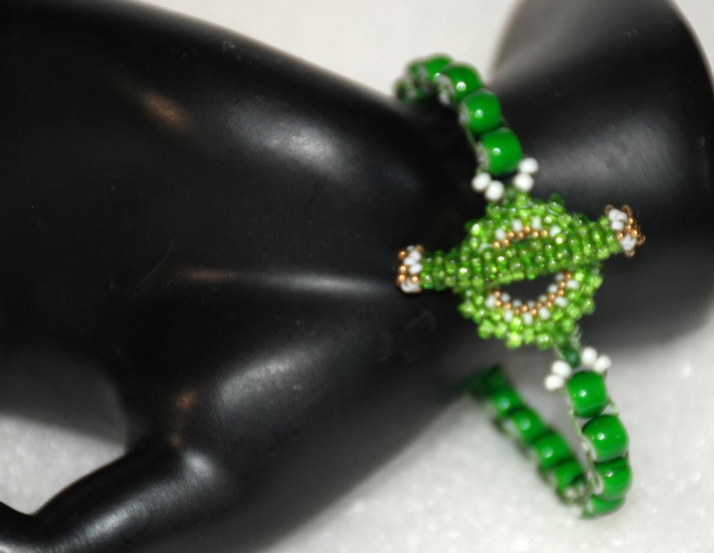 African Trade Bead Green White Heart Woven Beaded Bracelet with Antique Brass Button, Beaded Toggle, Handcrafted Boho Venetian