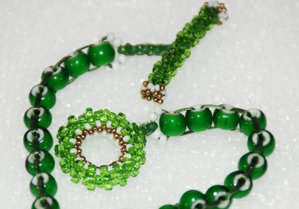 African Trade Bead Green White Heart Woven Beaded Bracelet with Antique Brass Button, Beaded Toggle, Handcrafted Boho Venetian