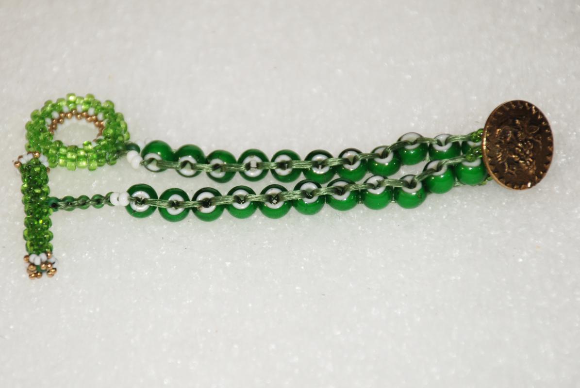 African Trade Bead Green White Heart Woven Beaded Bracelet with Antique Brass Button, Beaded Toggle, Handcrafted Boho Venetian