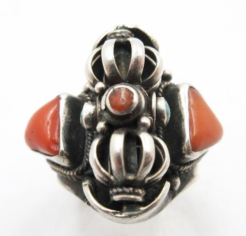 Sterling Silver Turquoise Coral Spinning Center Cage, Ethnic Adjustable