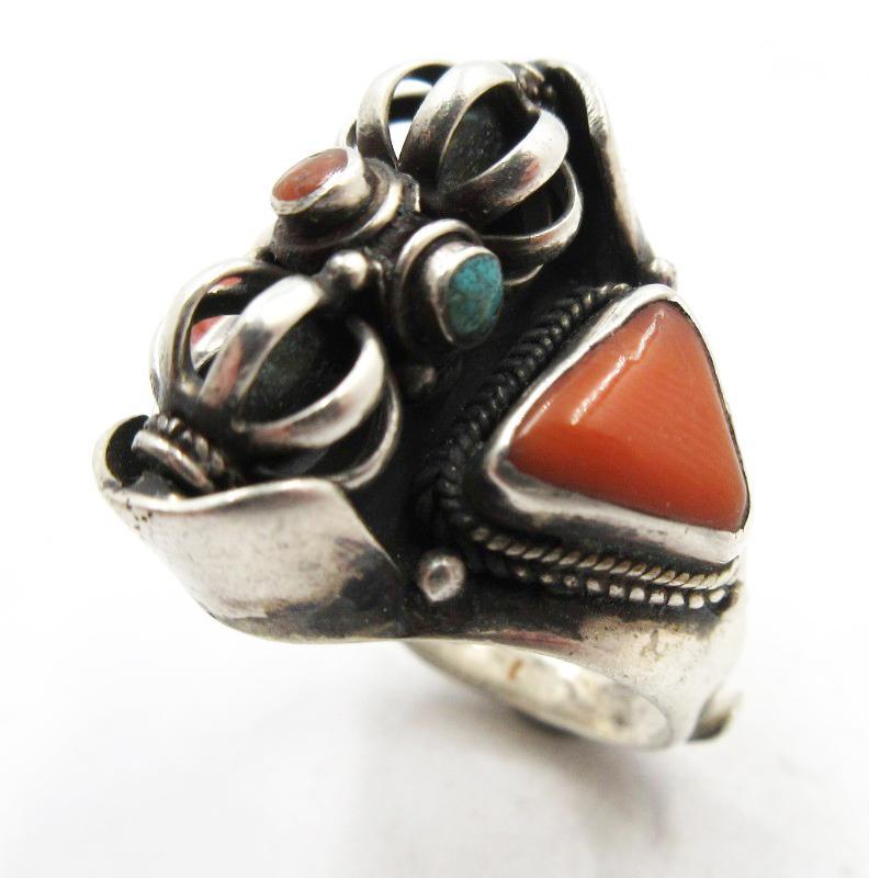 Sterling Silver Turquoise Coral Spinning Center Cage, Ethnic Adjustable