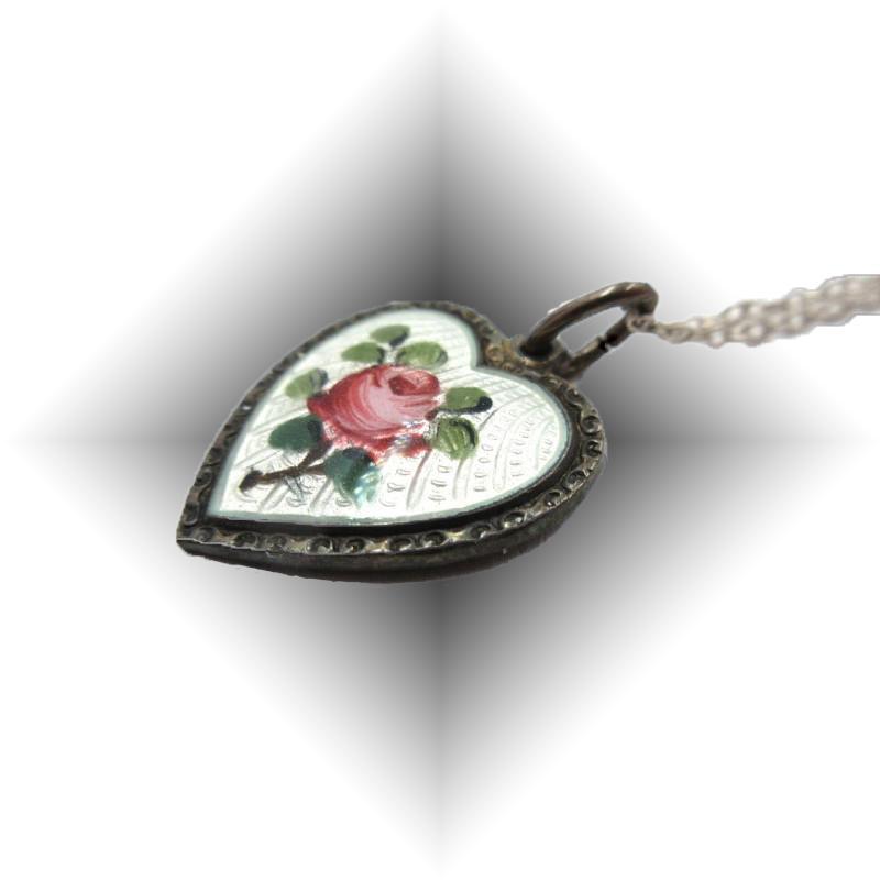 DAVID ANDERSEN WILLY WINNAESS STERLING SILVER GUILLOCHE ROSE ENAMEL HEART Necklace Sterling Chain
