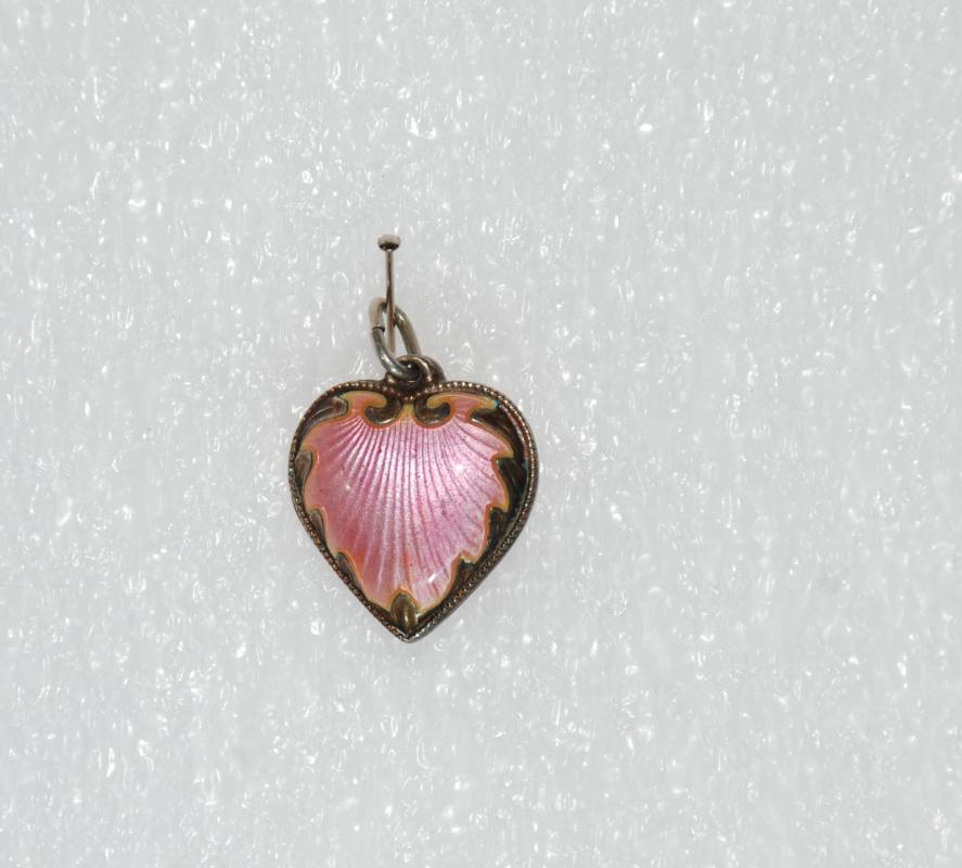 PINK GUILLOCHE ENAMEL & STERLING SILVER ANTIQUE ART NOUVEAU HEART CHARM Signed