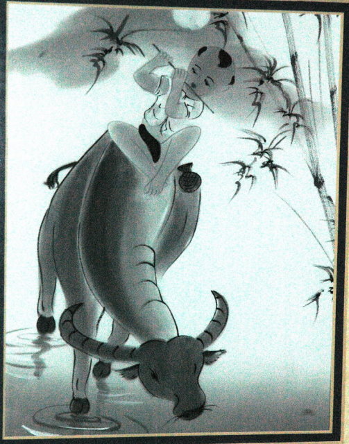 Asian Painting on Silk, Flute Player on Buffalo