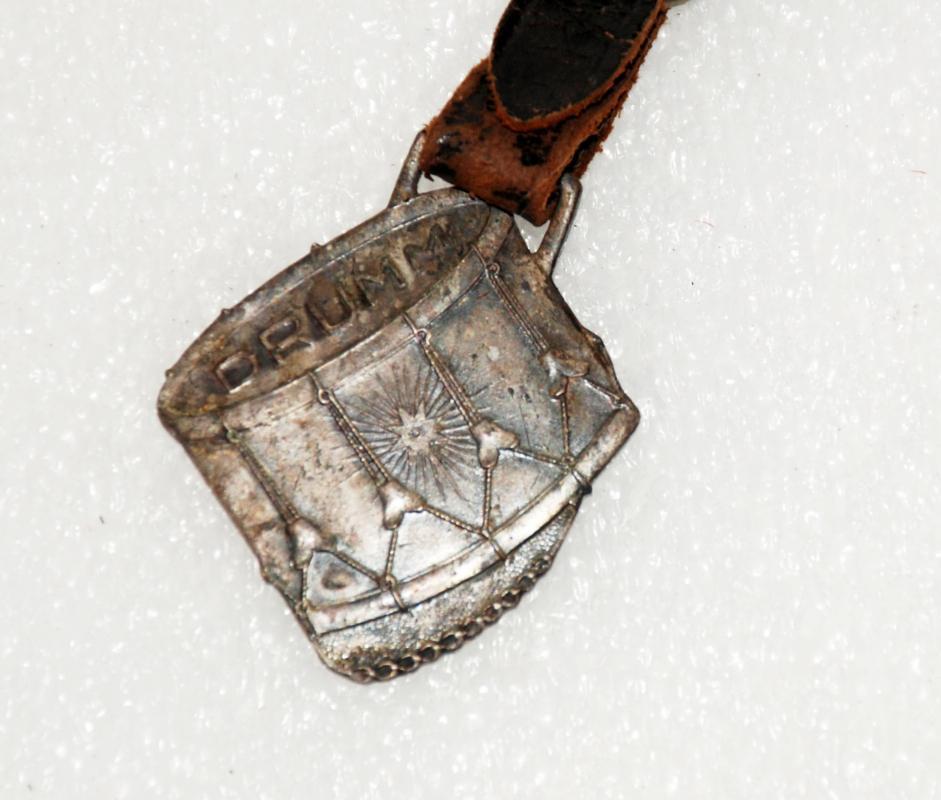 OLD DRUMM LIVESTOCK FIGURAL METAL ADVERTISING POCKET WATCH FOB / Ranching Farm Collectible Early 1900's