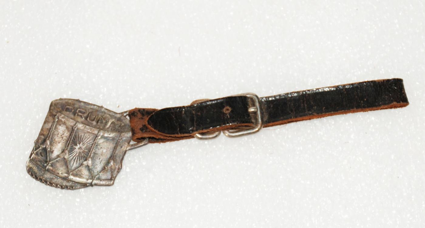 OLD DRUMM LIVESTOCK FIGURAL METAL ADVERTISING POCKET WATCH FOB / Ranching Farm Collectible Early 1900's