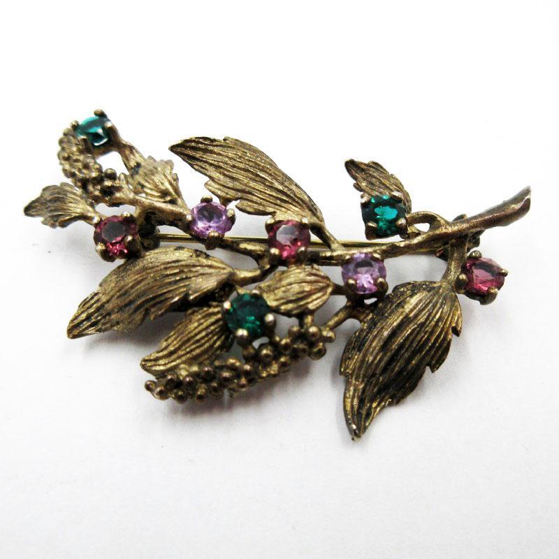 Sterling Vermeil Tourmaline, Topaz Gemstones Textured Leaves & Flower Brooch Marked PD 10.9 grams