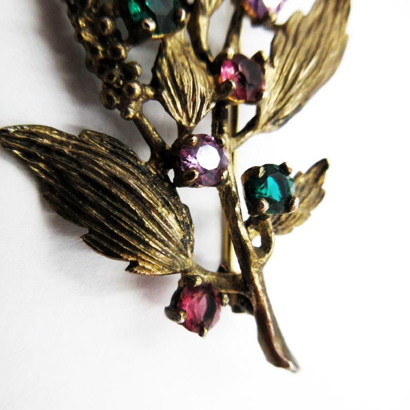 Sterling Vermeil Tourmaline, Topaz Gemstones Textured Leaves & Flower Brooch Marked PD 10.9 grams
