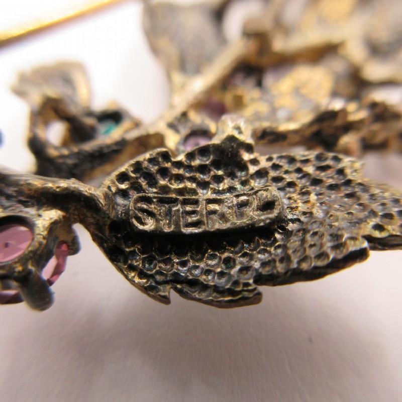 Sterling Vermeil Tourmaline, Topaz Gemstones Textured Leaves & Flower Brooch Marked PD 10.9 grams