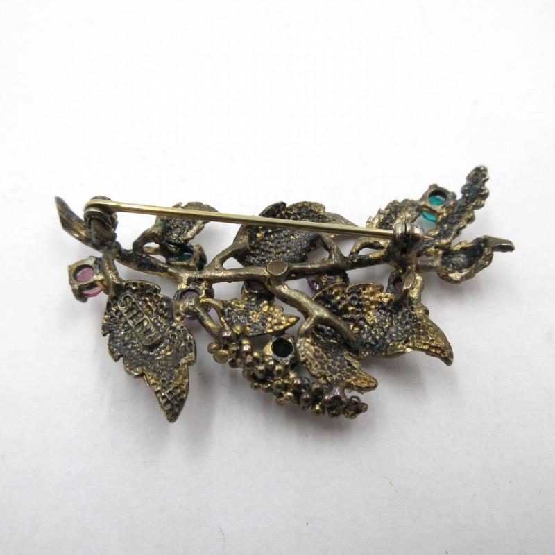 Sterling Vermeil Tourmaline, Topaz Gemstones Textured Leaves & Flower Brooch Marked PD 10.9 grams