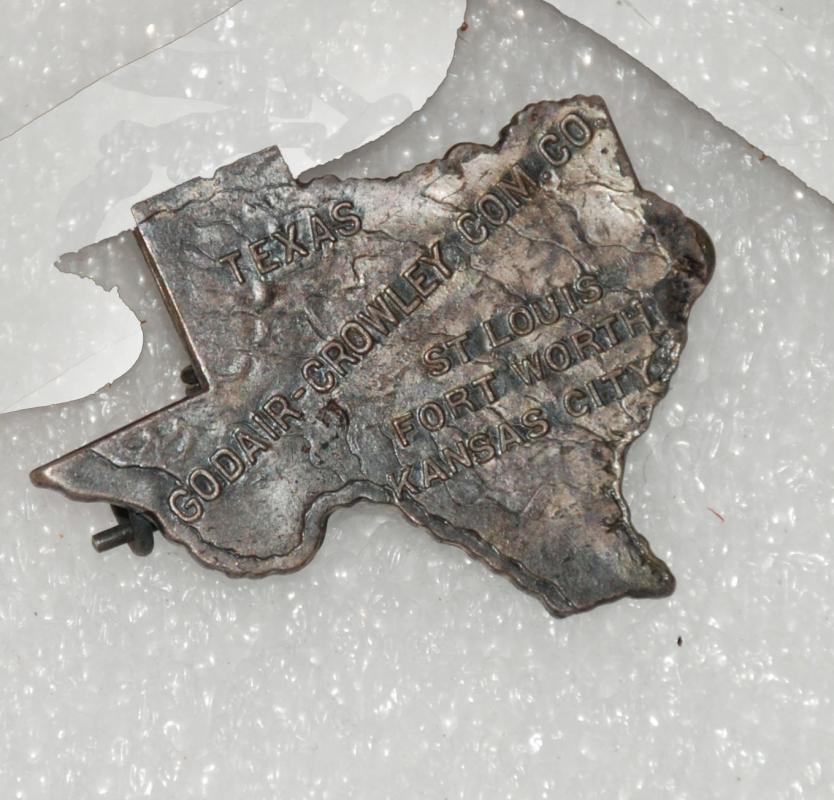TEXAS PIN Badge GODAIR-CROWLEY COMMISSION CO, ST LOUIS FORT WORTH KANSAS CITY -