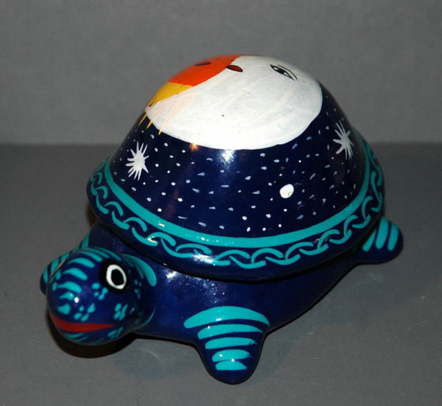 Folk Art Mexican Painted Terra Cotta Turtle covered container