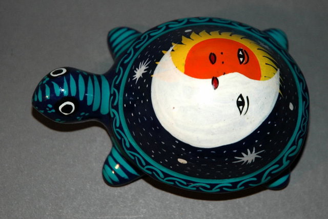 Folk Art Mexican Painted Terra Cotta Turtle covered container