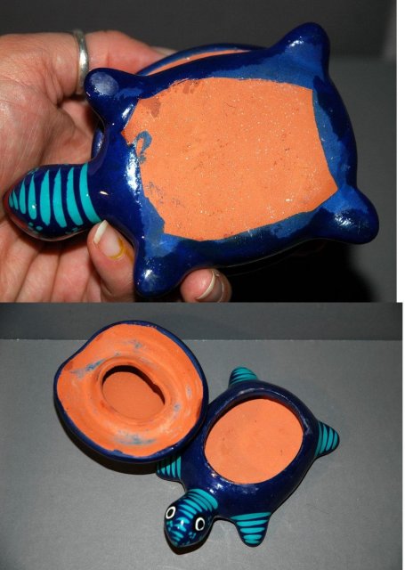 Folk Art Mexican Painted Terra Cotta Turtle covered container