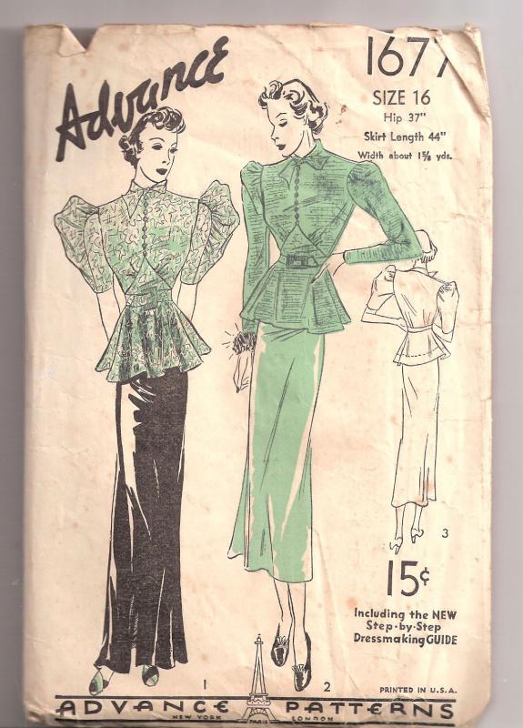 Vintage 1930s Pattern Dress Advance 1677 Pussy Bow Nipped Waist Large Sleeves sz 16