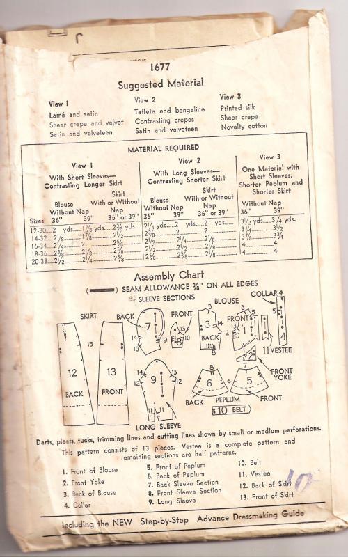 Vintage 1930s Pattern Dress Advance 1677 Pussy Bow Nipped Waist Large Sleeves sz 16