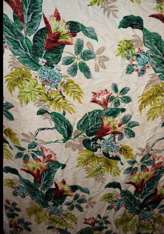 Barkcloth Fabric Cohama Vat Tia Juana Exotic Flowers Leaves Hand Print Mid-Century Drapery Fabric Remnant