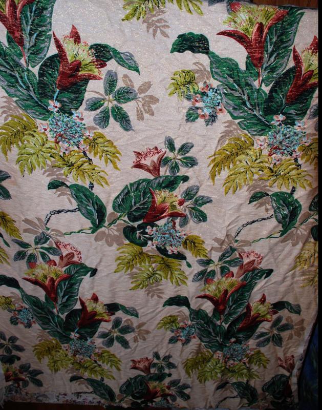 Barkcloth Fabric Cohama Vat Tia Juana Exotic Flowers Leaves Hand Print Mid-Century Drapery Fabric Remnant