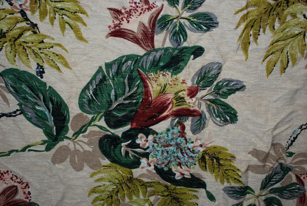 Barkcloth Fabric Cohama Vat Tia Juana Exotic Flowers Leaves Hand Print Mid-Century Drapery Fabric Remnant