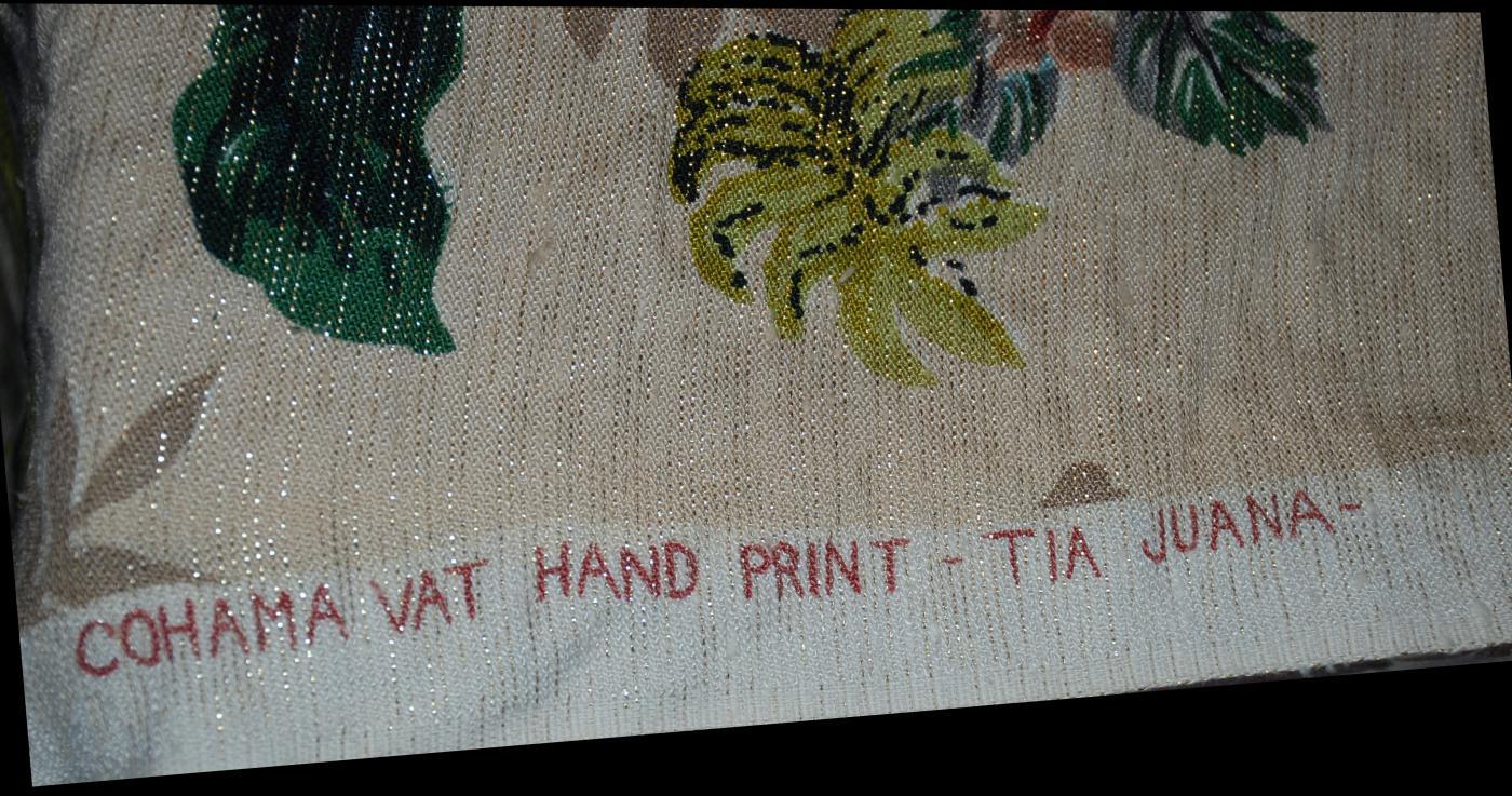 Barkcloth Fabric Cohama Vat Tia Juana Exotic Flowers Leaves Hand Print Mid-Century Drapery Fabric Remnant