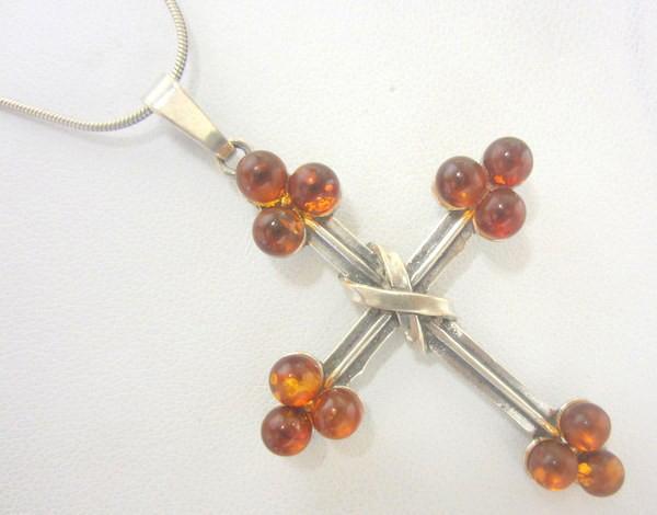 Large Italian Sterling Silver & Amber Cross Pendant Necklace