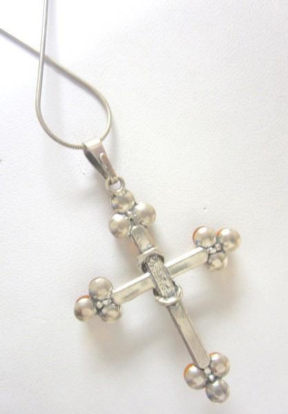Large Italian Sterling Silver & Amber Cross Pendant Necklace