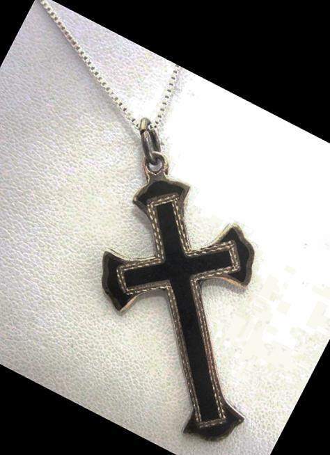 Large Sterling Silver & Black Onyx Cross Pendant Necklace with Chain Gothic