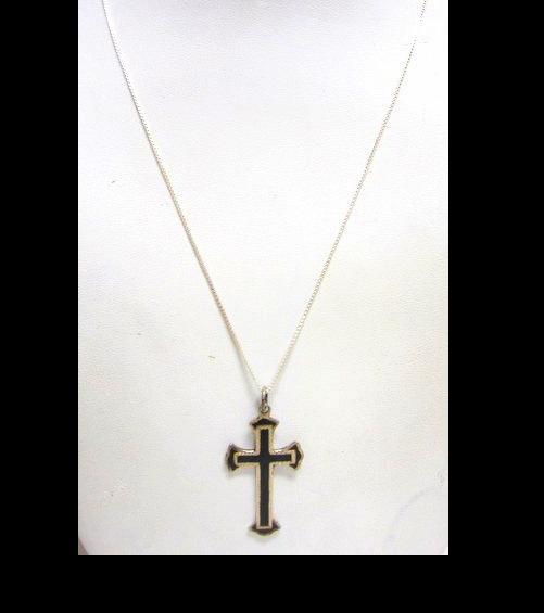 Large Sterling Silver & Black Onyx Cross Pendant Necklace with Chain Gothic