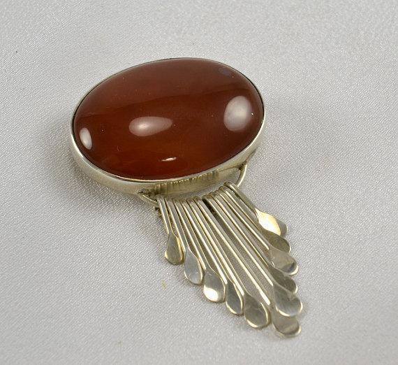 Mexican Sterling Carnelian Cabochon Brooch Pendant Hammered Matchstick Spoon Fringe Tassels, Signed AIS Mexico