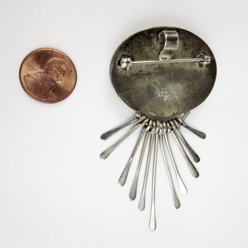 Mexican Sterling Carnelian Cabochon Brooch Pendant Hammered Matchstick Spoon Fringe Tassels, Signed AIS Mexico
