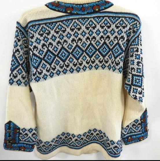 Vintage Norwegian Nordstrikk Blue & White Hand Knit Cardigan Wool Sweater North Cape 100% Wool with Pewter Toggles