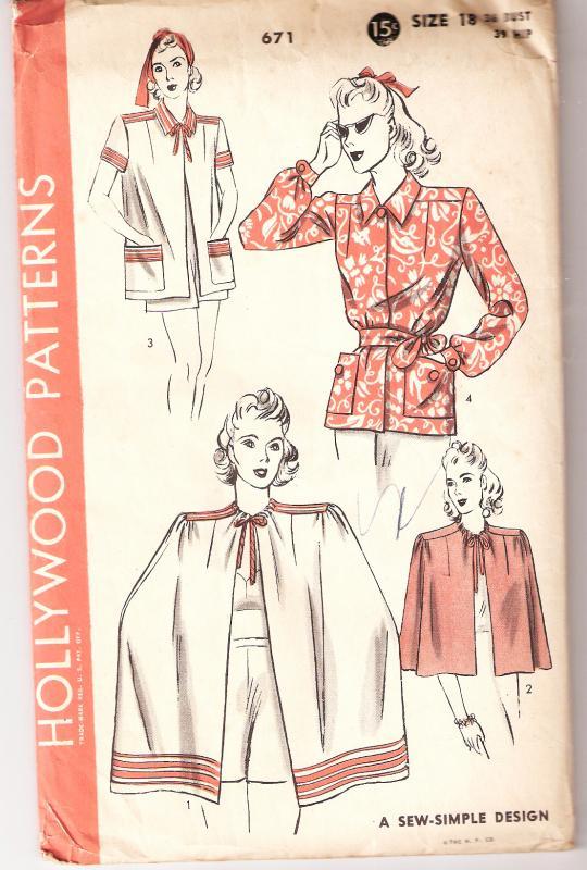 Hollywood Pattern Sew Simple Design 671 Top, Smock, Cape, A Sew Simple Design Uncut 1930's