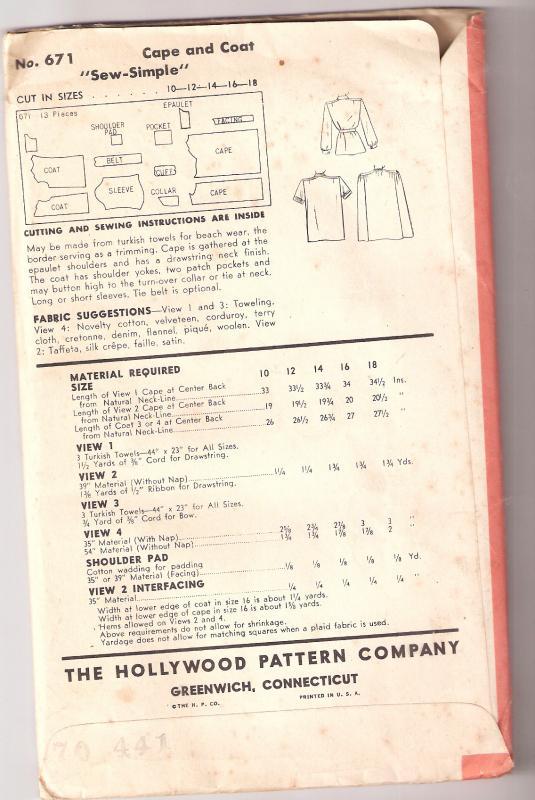 Hollywood Pattern Sew Simple Design 671 Top, Smock, Cape, A Sew Simple Design Uncut 1930's