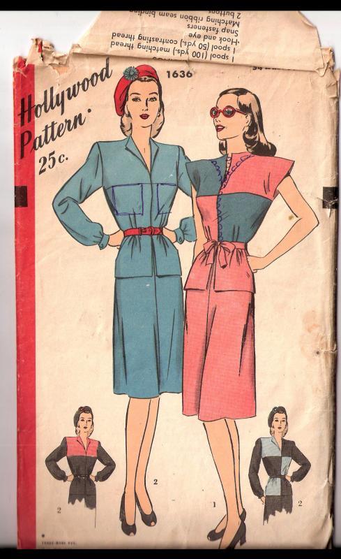 Vintage Hollywood patterns One Piece Dress option for a color block design.1636 size 16