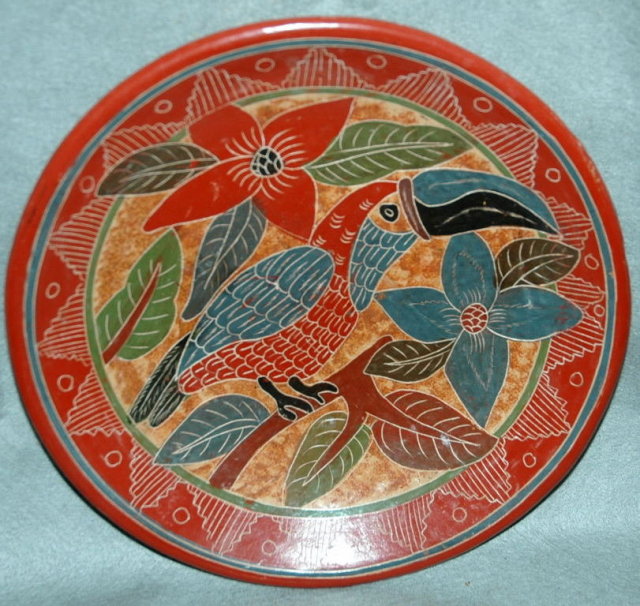 Old Mexican Toucan Plate Folk Art Terra-cotta