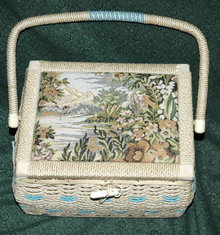 Mountain Scene Tapestry Wicker Sewing Basket **PRICE REDUCTION**!