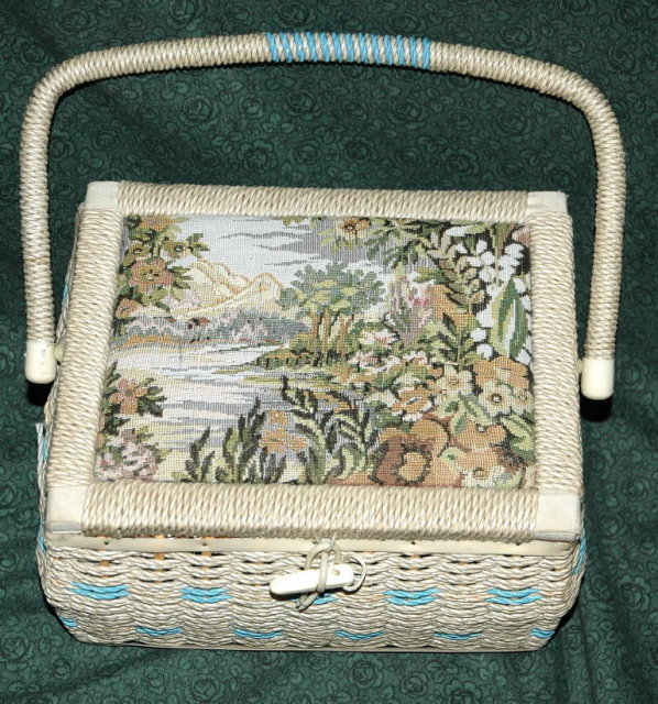 Mountain Scene Tapestry Wicker Sewing Basket **PRICE REDUCTION**!